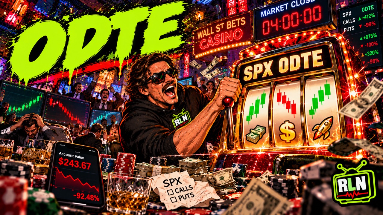 Illustrated trader playing an SPX same-day-options slot machine in a Wall Street casino.