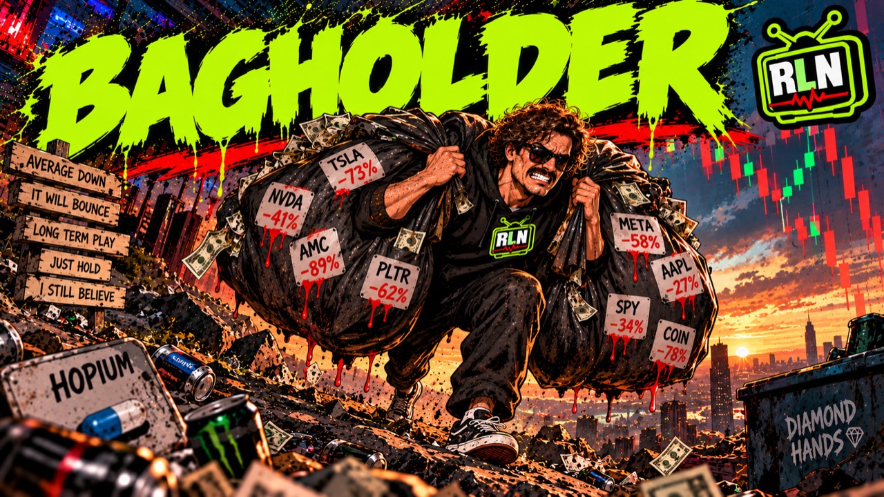 Illustrated trader struggling uphill under bags of losing stock positions.