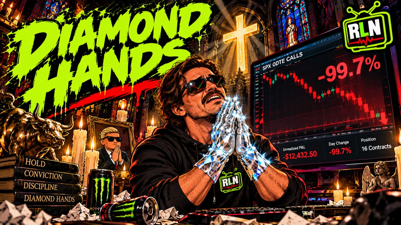 Illustrated trader praying with diamond hands beside a sharply falling options chart.
