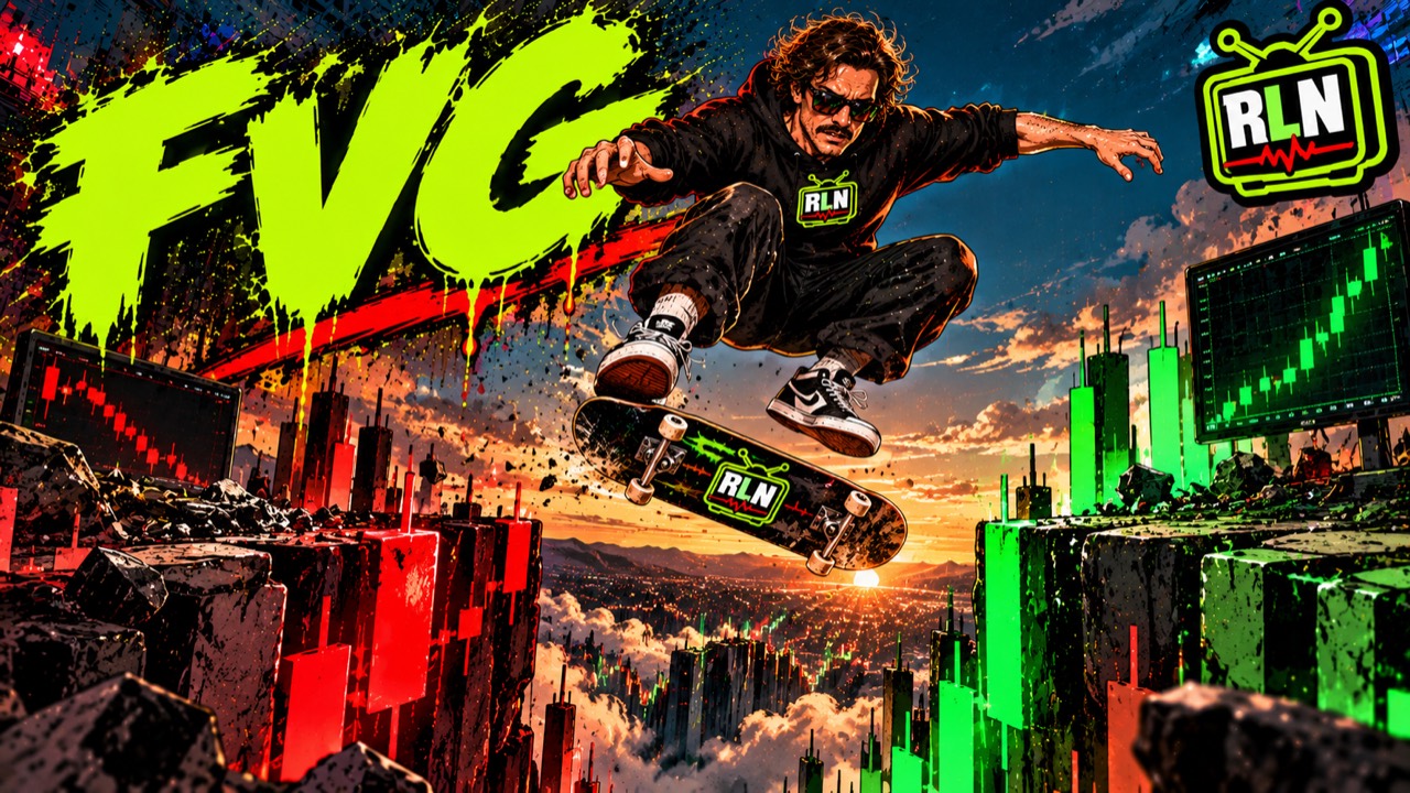 Illustrated trader jumping a skateboard across a gap between red and green candlestick cliffs.