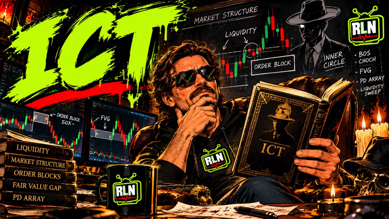 Illustrated trader studying an ICT book amid charts, candles, and market-structure notes.