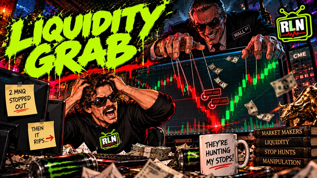 Illustrated trader reacting to stopped-out micro contracts while a looming figure manipulates a chart like a puppet.
