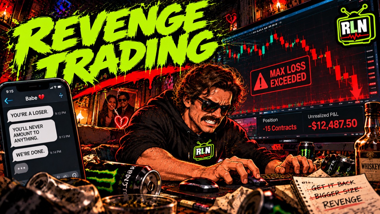 Illustrated trader placing trades after a breakup while a monitor warns that his maximum loss was exceeded.