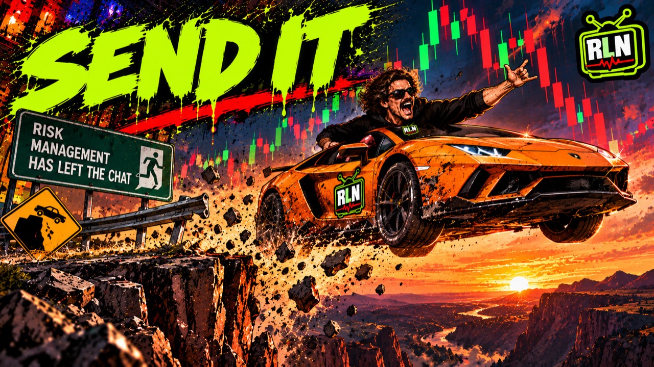 Illustrated trader launching an orange sports car over a canyon as risk management is left behind.