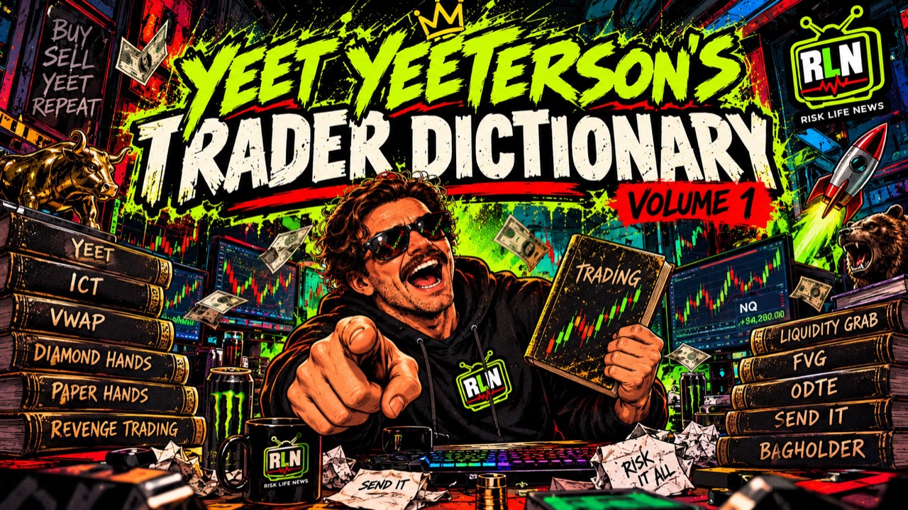 Illustrated cover for Yeet Yeeterson's Trader Dictionary: Volume 1, featuring Yeet at a trading desk surrounded by glossary terms.