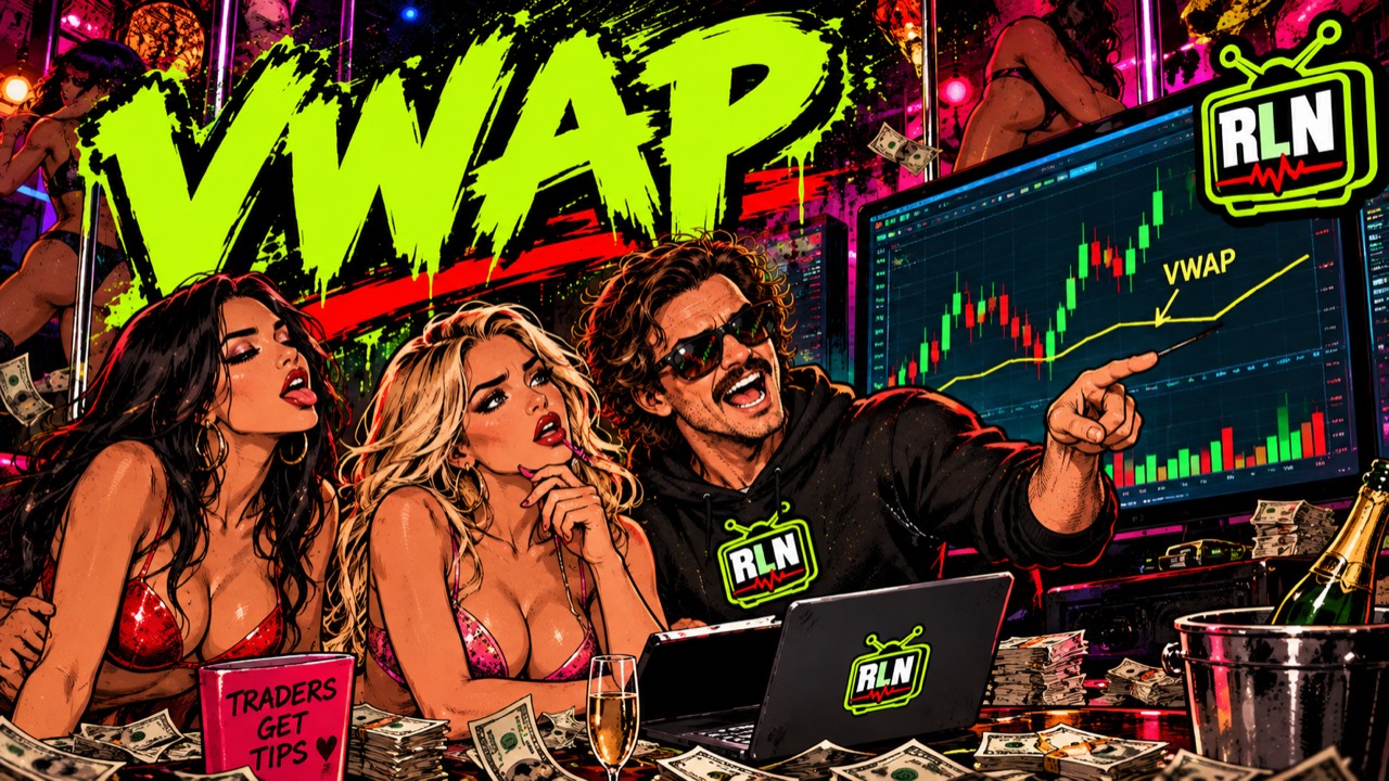 Illustrated trader pointing to a VWAP line on a market chart in a nightclub scene.