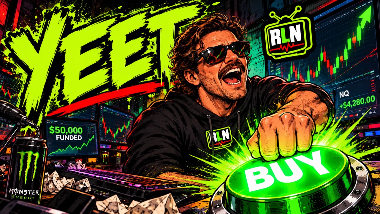 Illustrated trader shouting YEET while pressing a glowing buy button at his trading desk.